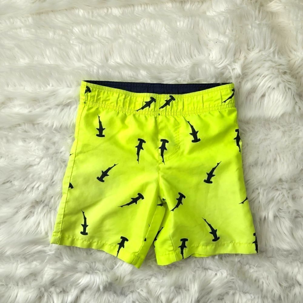 OP KIDS SWIM SUIT LINED WITH ELASTIC WAIST NEON GREEN BLUE SHARKS SIZE XS